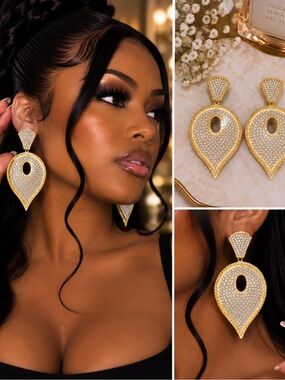 Gold Pave Teardrop Statement Earrings - Women Jewelry